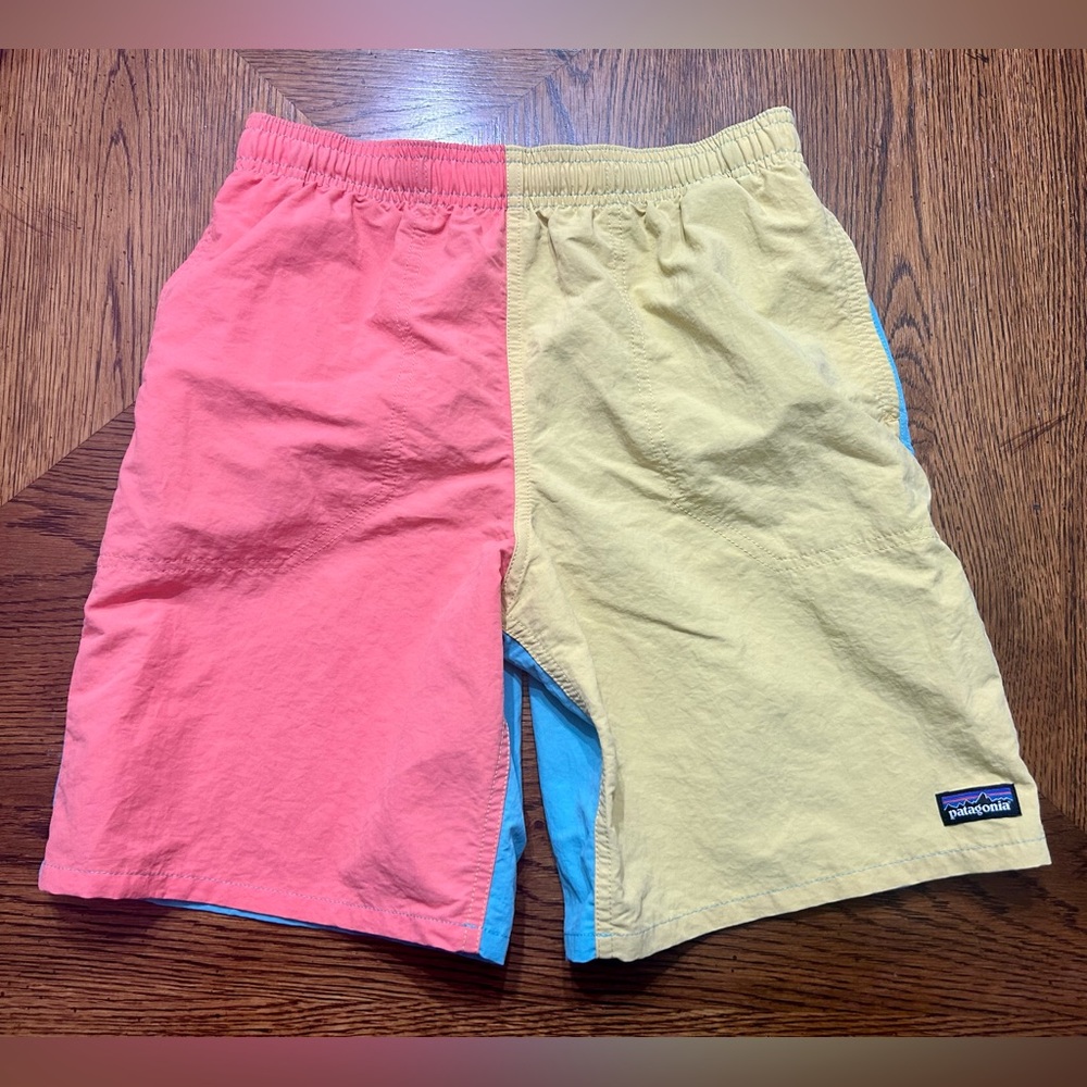 Patagonia Kids Colorblock Shorts in Coral Pink, Pale Yellow & Sky Blue